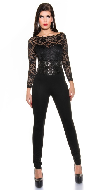 Party-jumpsuit sleeved lace and sequined Black